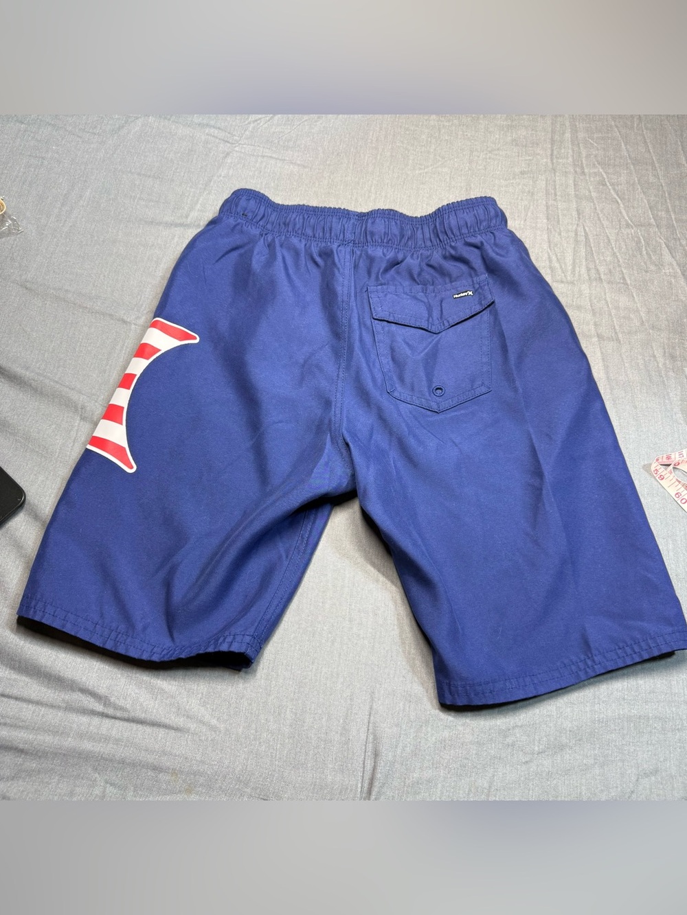 Hurley Blue Swim Trunks with American Flag Whale Graphic - Picture 3 of 6